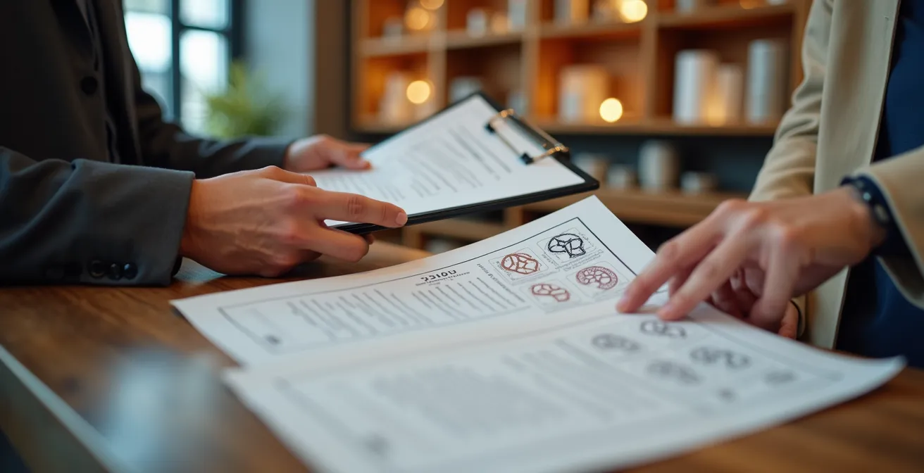 Scène d'inspection officielle dans une boutique CBD avec focus sur documents de conformité