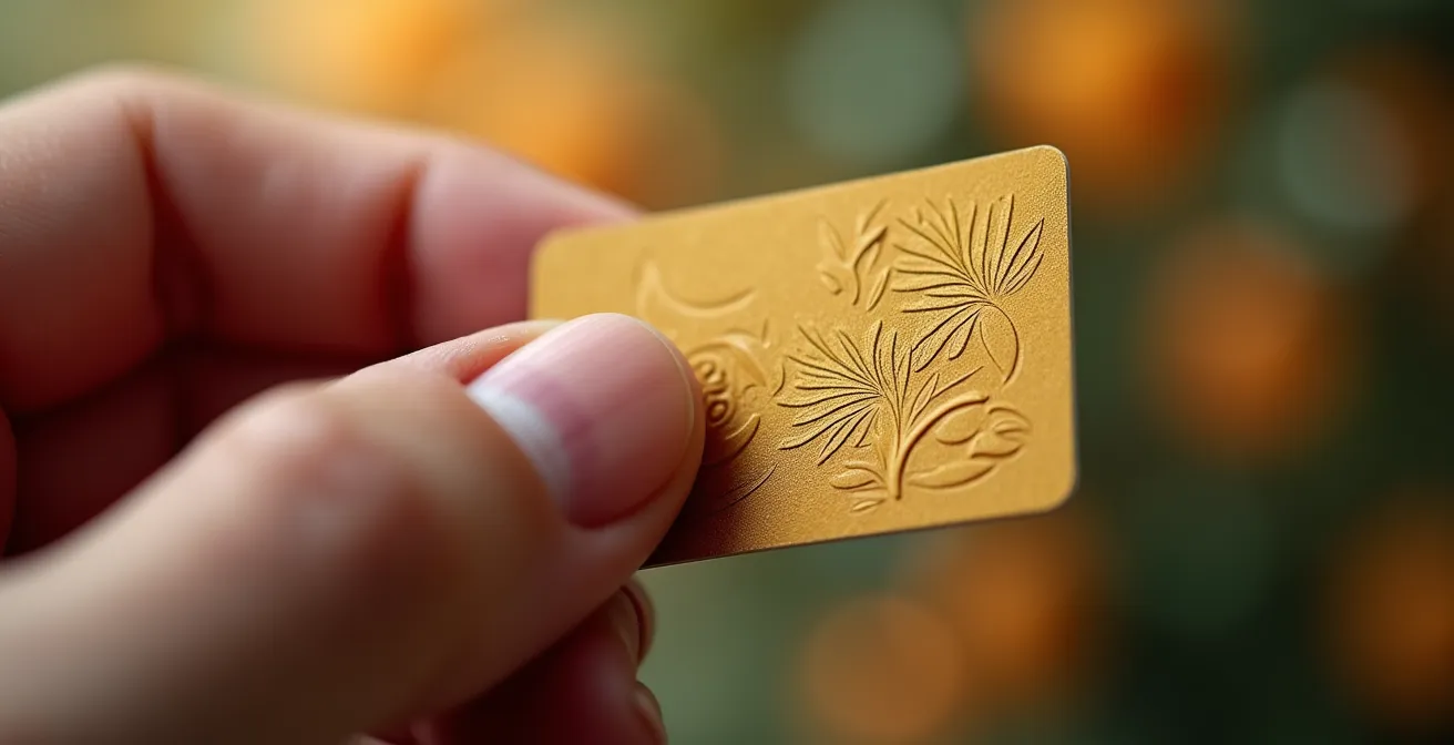 Détail macro d'une main tenant une carte de fidélité avec motifs abstraits