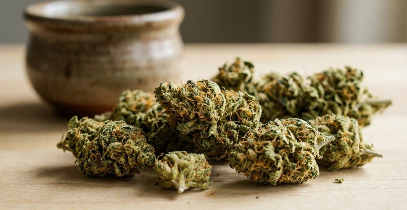 Fleurs CBD séchées aux teintes vertes et ambrées avec trichomes visibles sur surface bois