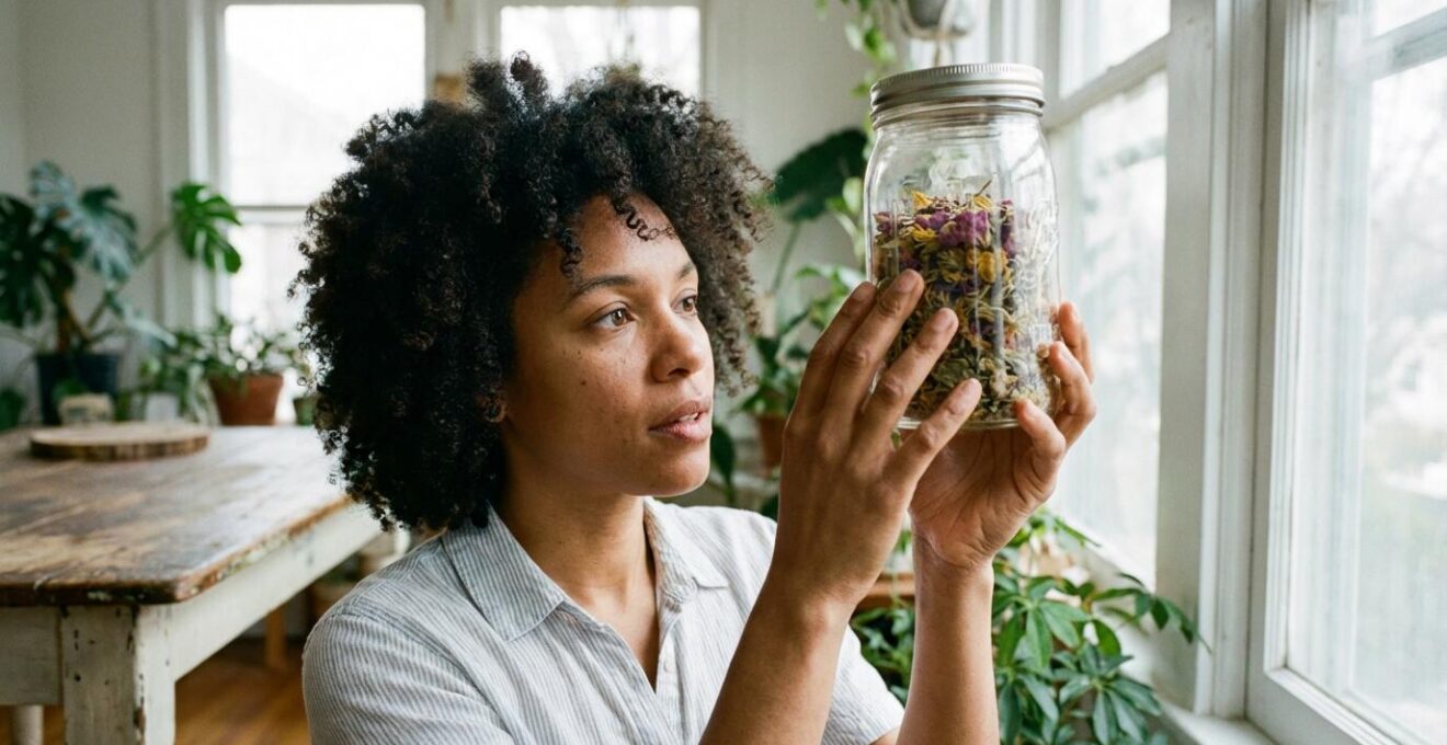 Personne examinant des fleurs CBD séchées dans un bocal en verre transparent, lumière naturelle