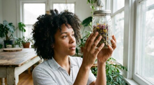 Personne examinant des fleurs CBD séchées dans un bocal en verre transparent, lumière naturelle
