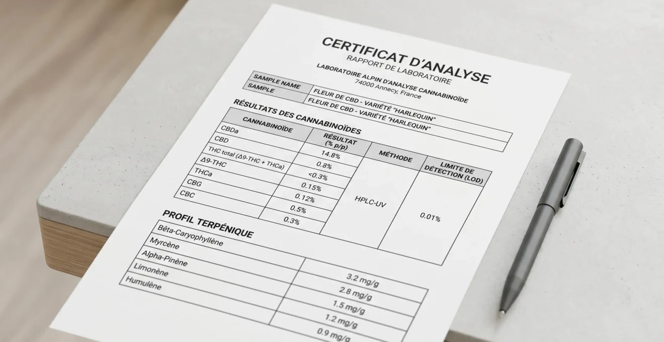 Certificat d'analyse de laboratoire pour fleurs de CBD posé sur bureau contemporain, montrant les taux de cannabinoïdes, profil terpénique et résultats de tests de contaminants, document en français
