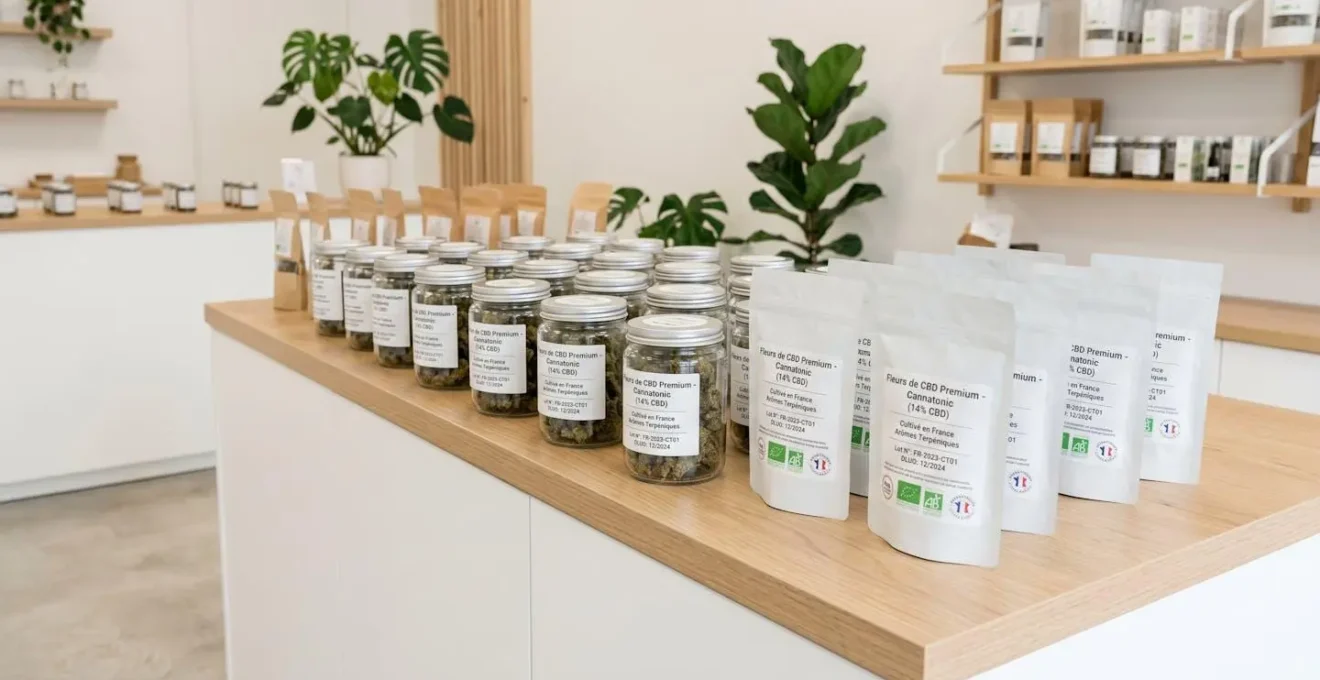 Comptoir moderne d'une boutique spécialisée CBD avec flacons et sachets de fleurs alignés, étiquetage en français et certifications visibles, éclairage naturel doux et décor épuré scandinave