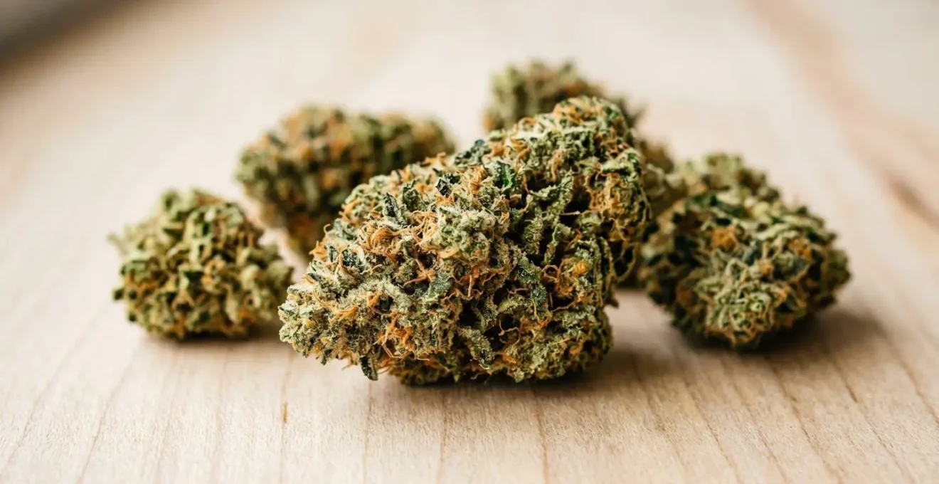 Gros plan macro sur des bourgeons de fleurs de CBD premium avec trichomes cristallins denses et pistils orangés visibles, disposés sur surface en bois clair nordique sous lumière naturelle douce